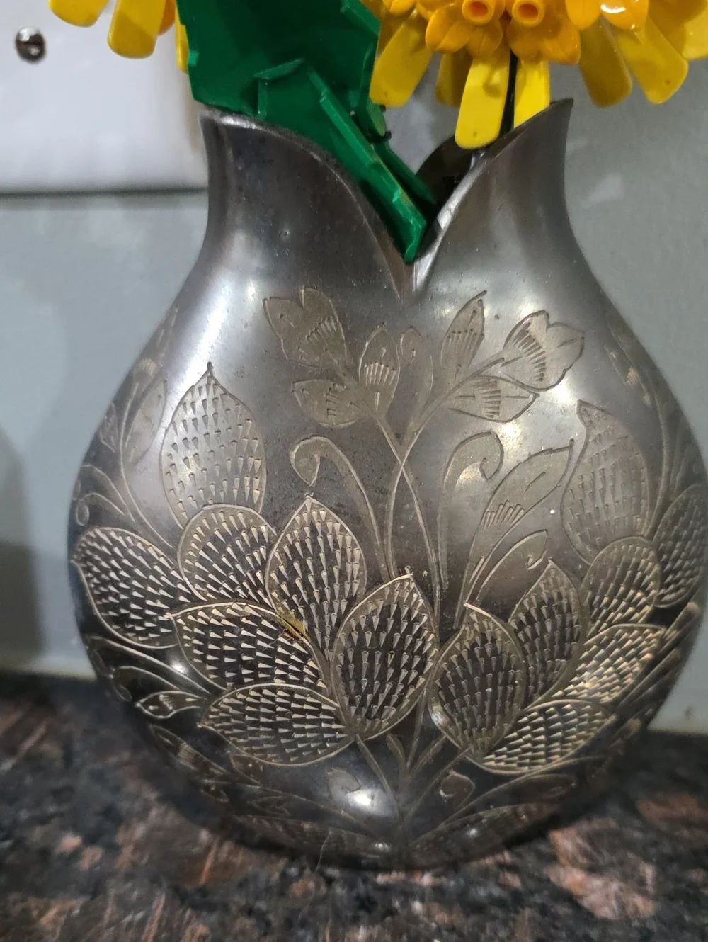 Ornate Floral Etched Metal Vase - Silver Finish